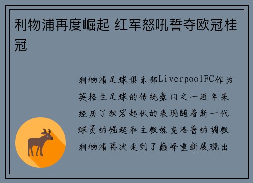 利物浦再度崛起 红军怒吼誓夺欧冠桂冠