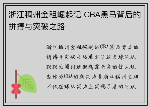 浙江稠州金租崛起记 CBA黑马背后的拼搏与突破之路