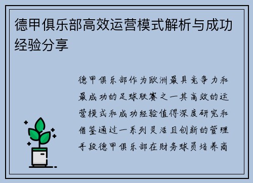 德甲俱乐部高效运营模式解析与成功经验分享