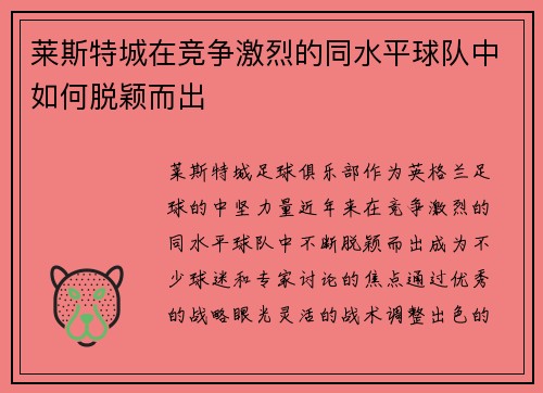 莱斯特城在竞争激烈的同水平球队中如何脱颖而出